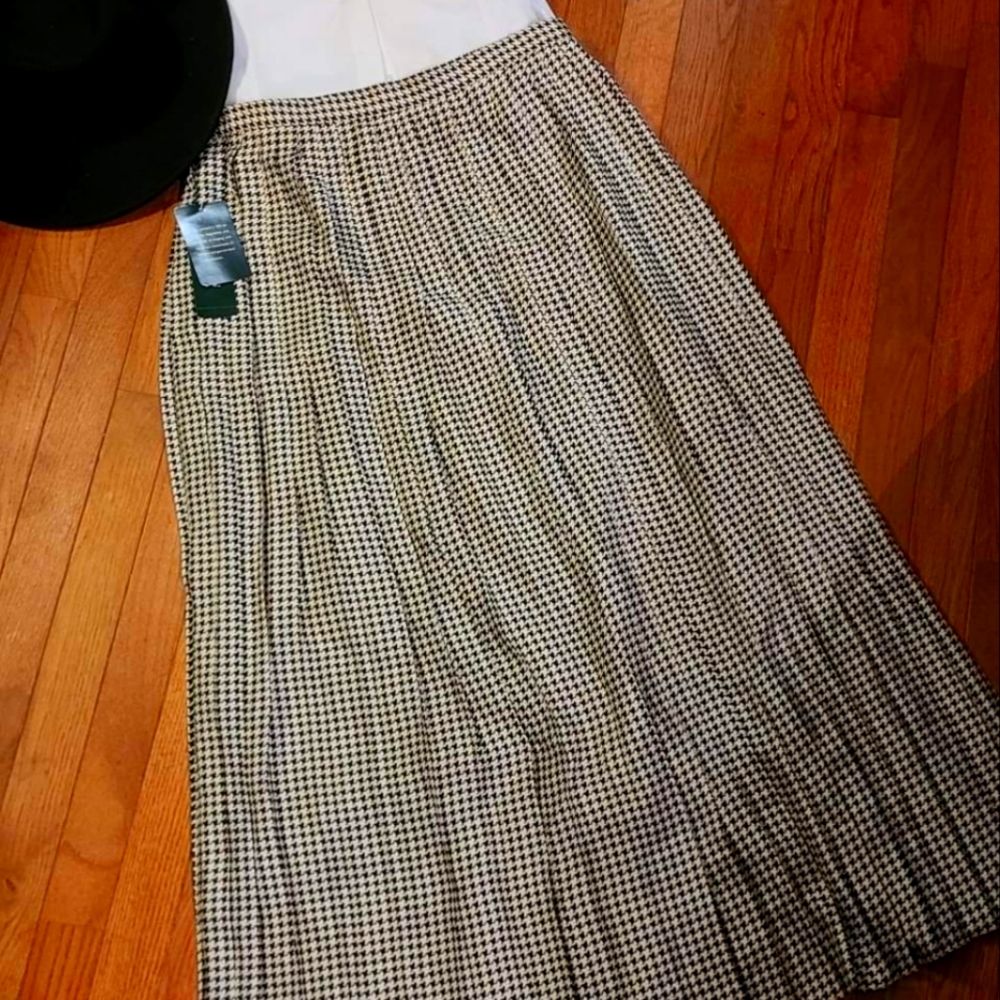 NWT Ralph Lauren 100% Silk Pleated Dress Skirt Houndstooth Size 12 Large Black